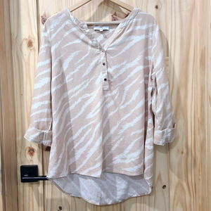 Emily Daniels Linen Blend Popover Top 3/4 Sleeve V-Neck Beachy Coastal Grandma L
